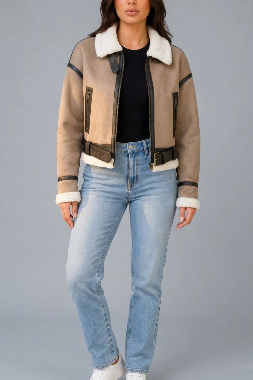 Women's Suede Look Cropped Aviator Jacket – Teddy Lined Biker Coat — variant_front