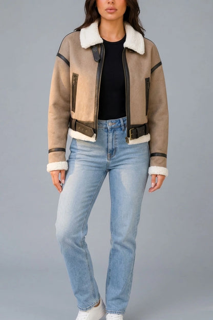Women's Suede Look Cropped Aviator Jacket – Teddy Lined Biker Coat — variant_front