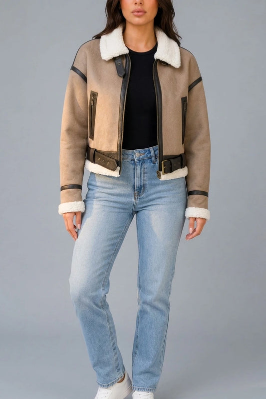 Women's Suede Look Cropped Aviator Jacket – Teddy Lined Biker Coat — variant_front