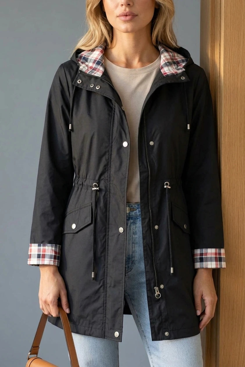 Women’s Longline Hooded Raincoat – Zip Up Parka with Adjustable Drawstring Waist — variant_front