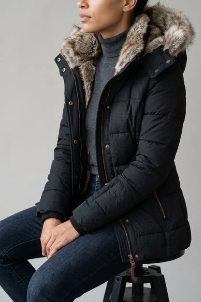 Fitted Hooded Puffer Jacket with Fur Collar Lining — variant_front