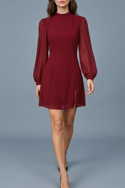 Long Sleeve Mock Neck See-Through Mini Dress