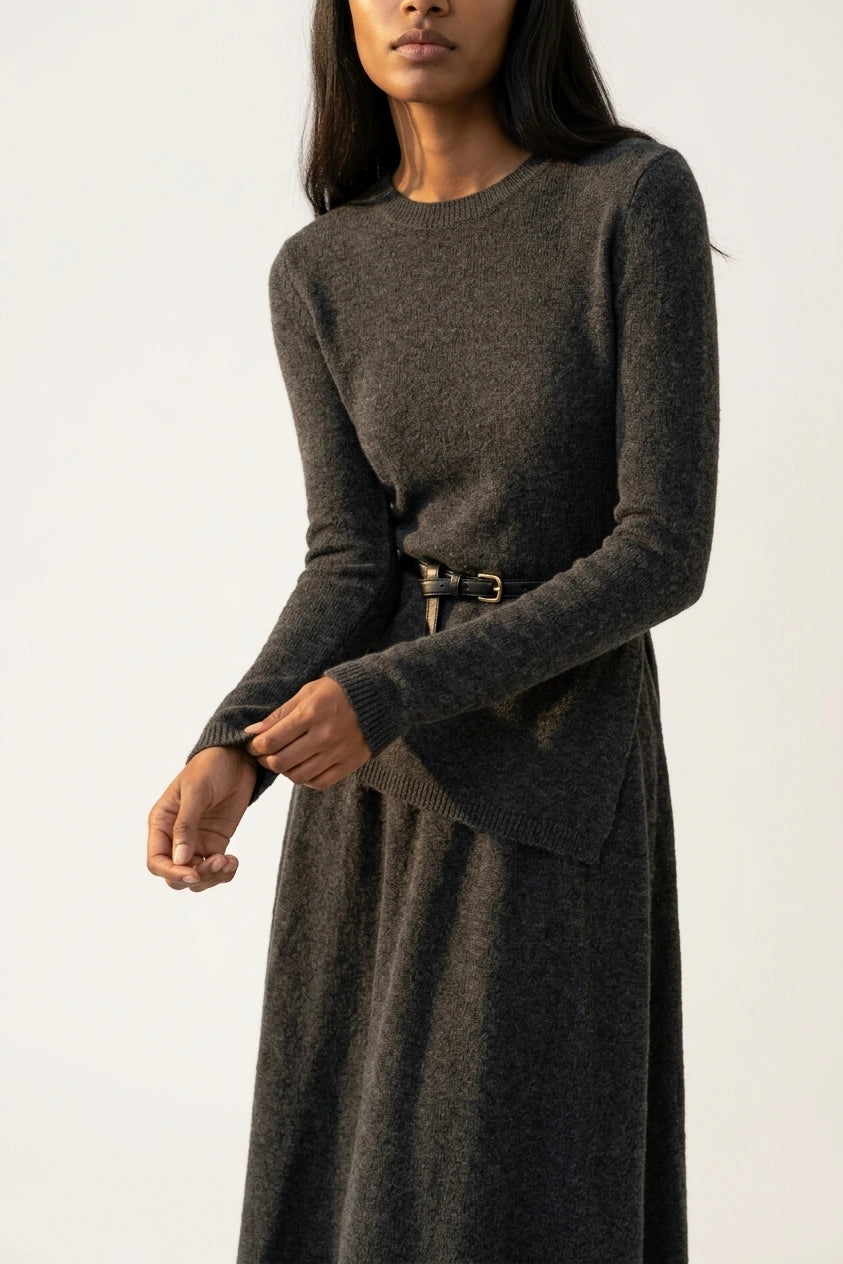 Women's Belted Asymmetric Knit Midi Dress Long Sleeve — variant_front