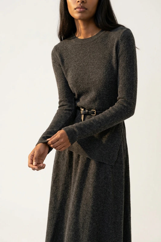 Women's Belted Asymmetric Knit Midi Dress Long Sleeve — variant_front
