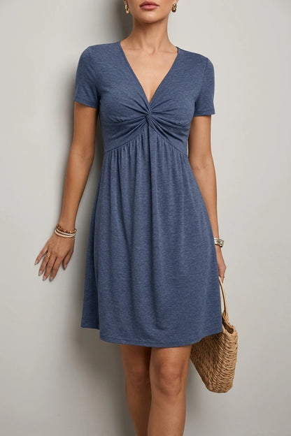 V Neck Short Sleeves Ruched Casual Mini Dress — variant_front
