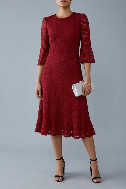 Lace Semi Sheer 3/4 Flute Sleeve Midi Dress — variant_front