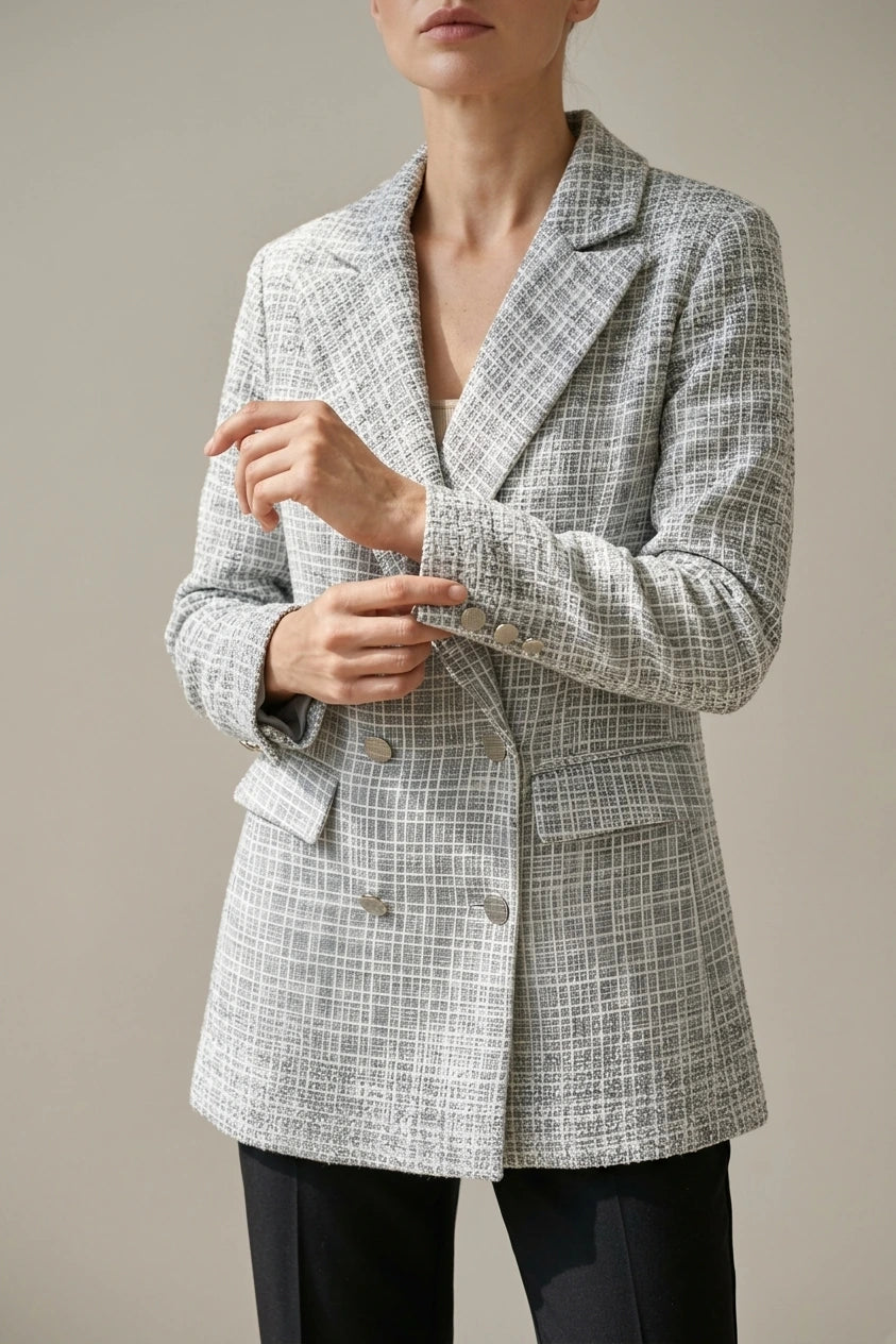 Women's Double-Breasted Tweed Blazer with Notched Lapel — variant_front