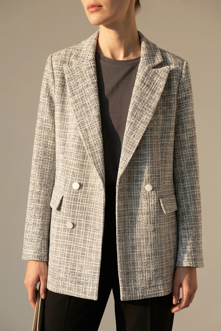 Women's Double-Breasted Tweed Blazer with Notched Lapel — variant_front