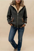 Warm Hooded Quilted Jacket with Sherpa Lining and Contrast Trim