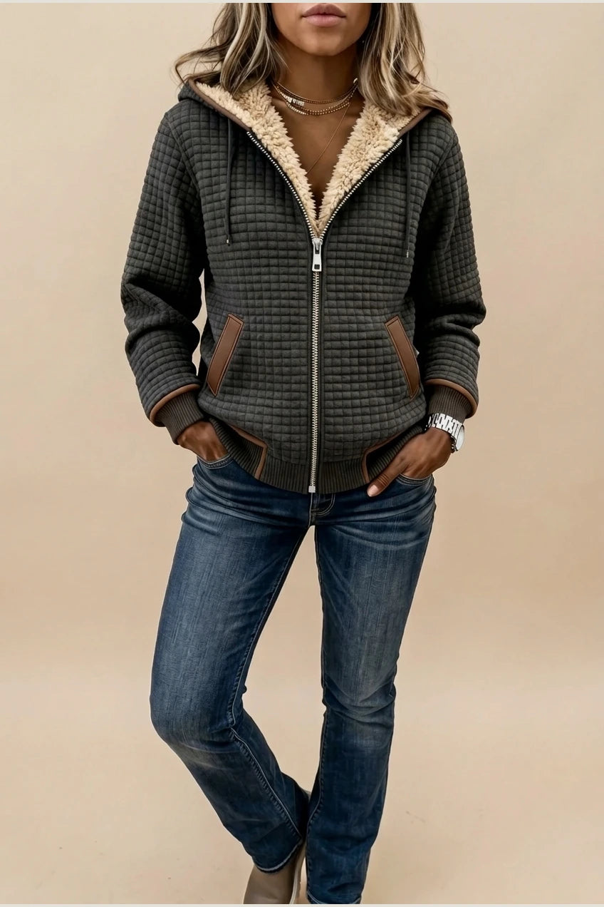 Warm Hooded Quilted Jacket with Sherpa Lining and Brown Contrast Trim — variant_front