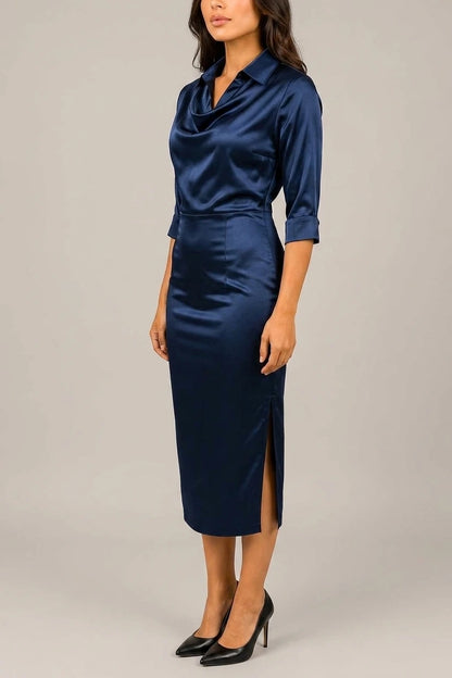 Women’s Satin Look Cowl Neck Midi Dress – Elegant Occasion Dress — variant_front