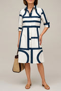 Elegant Geometric Midi Dress — Shirt-Style Button Front