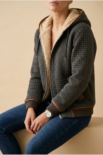 Warm Hooded Quilted Jacket with Sherpa Lining and Brown Contrast Trim — variant_front