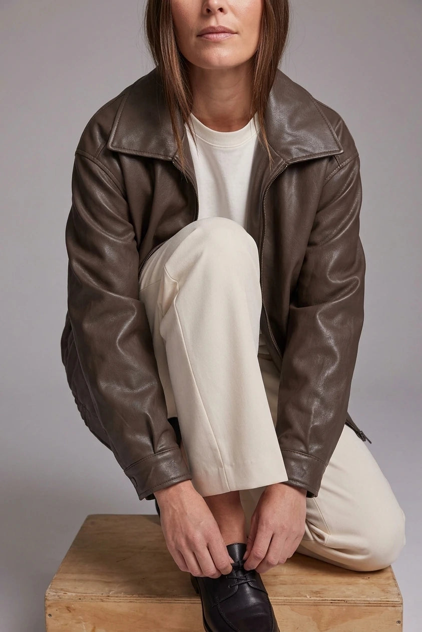 Brown Faux Leather Oversized Bomber Jacket — variant_front