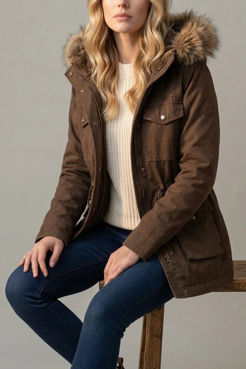 Brown Hooded Parka with Fur Trim Hood and Flap Pockets — variant_front