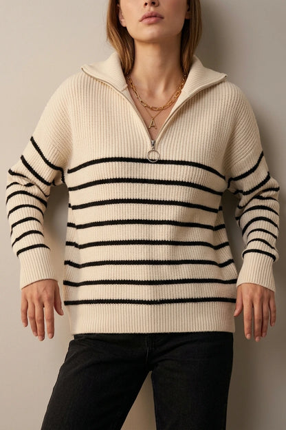 Women's Striped Ribbed Jumper with Zip Neckline — variant_front