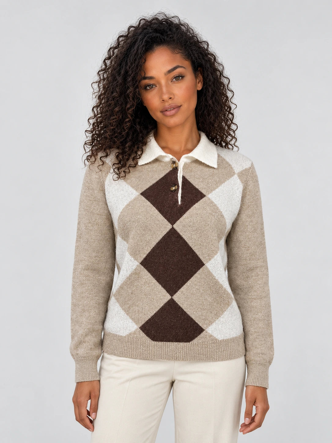 Women’s Argyle Collared Jumper – Button Neck Long Sleeve Knit Sweater — gallery_01.webp