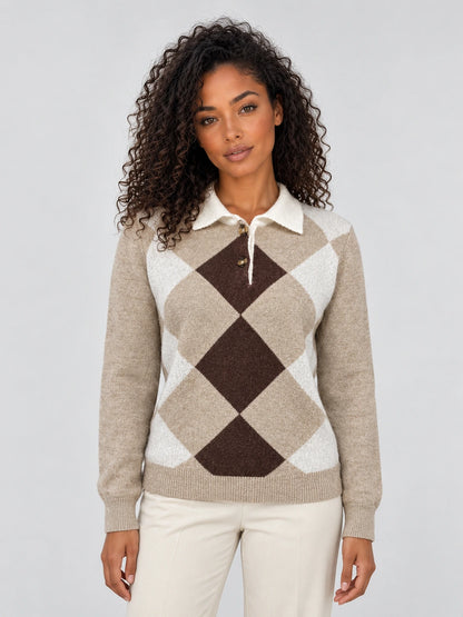 Women’s Argyle Collared Jumper – Button Neck Long Sleeve Knit Sweater — gallery_01.webp