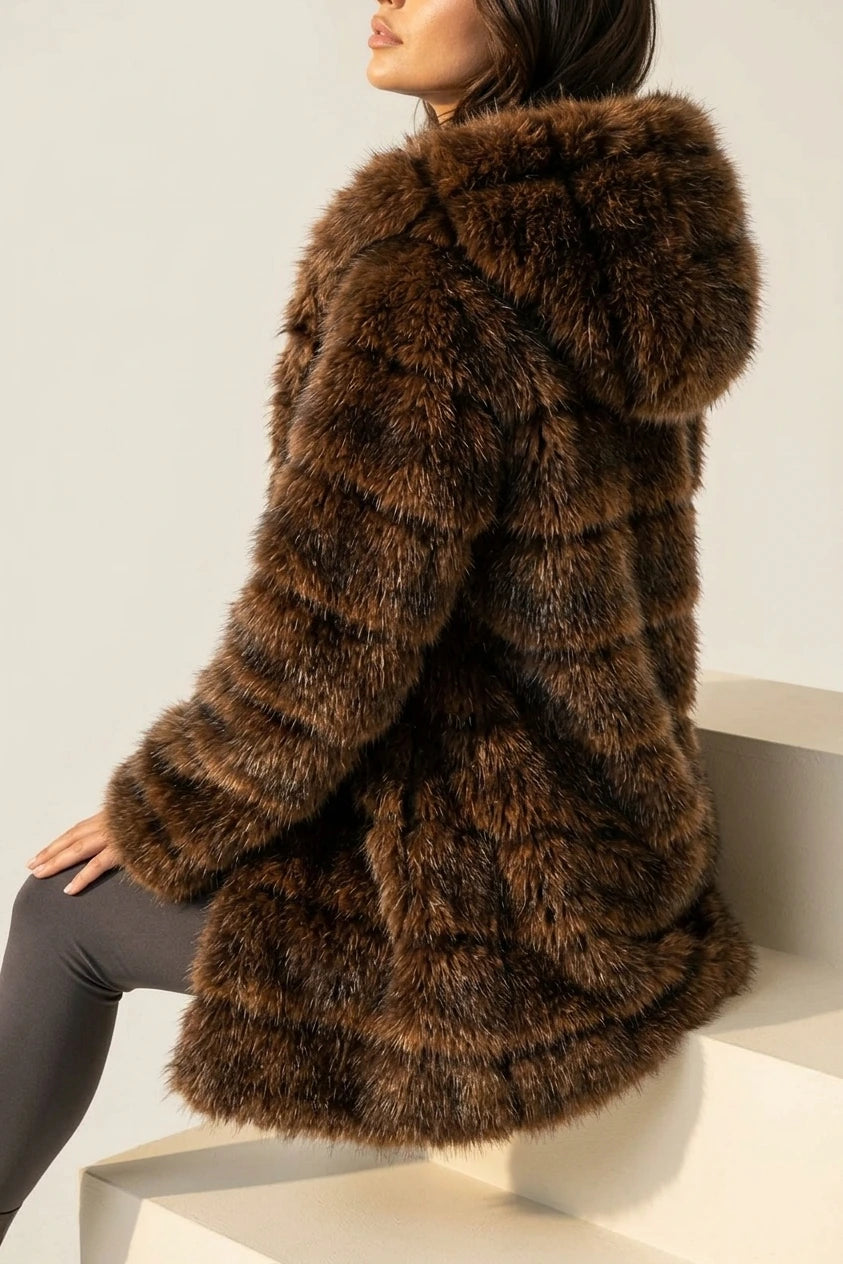 Women’s Hooded Faux Fur Coat – Plush Panelled Winter Jacket — variant_front