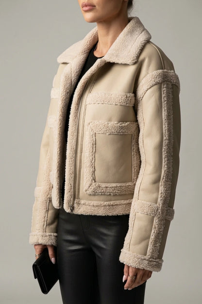 Women's Faux Shearling Aviator Jacket with Notch Collar — variant_front