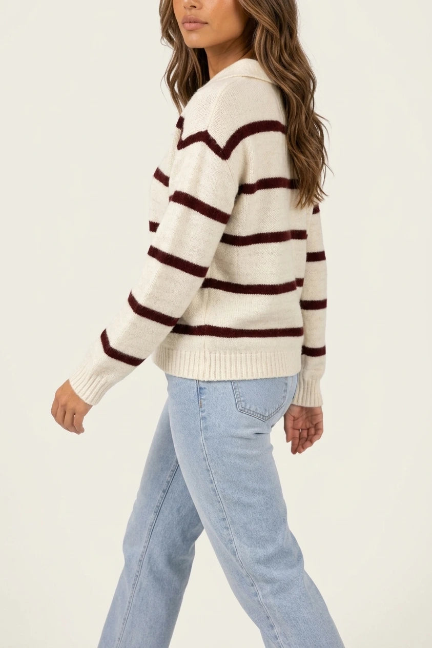 Women's Wool Striped Jumper, Collared V-Neck Long Sleeve Knit — variant_front