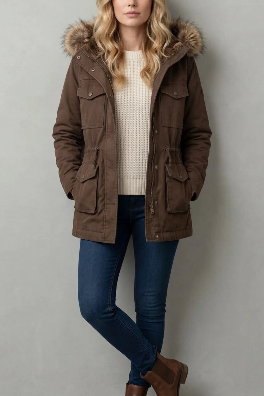 Brown Hooded Parka with Fur Trim Hood and Flap Pockets — variant_front