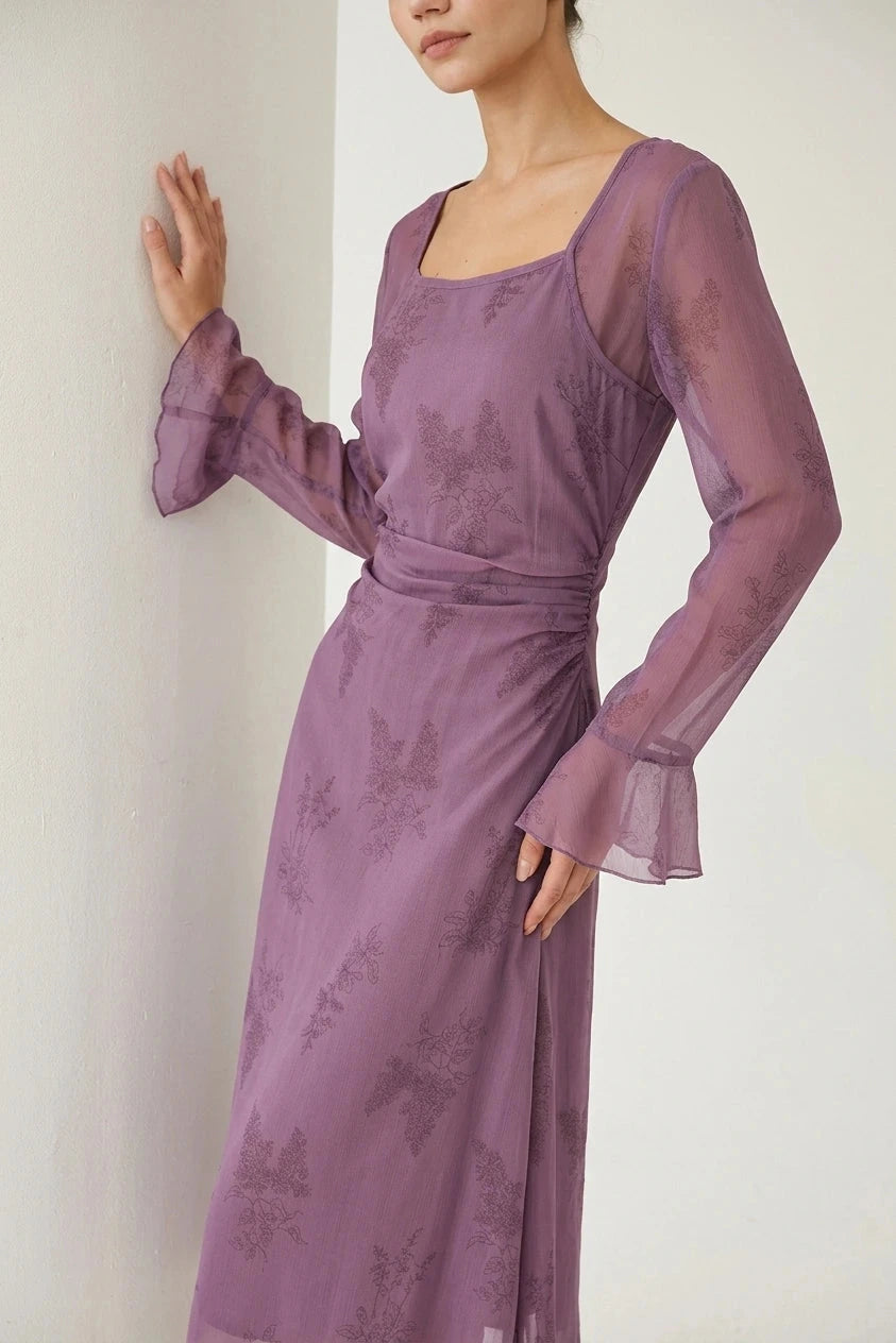 Floral Ruched Slip Midi Dress With Sheer Cropped Jacket