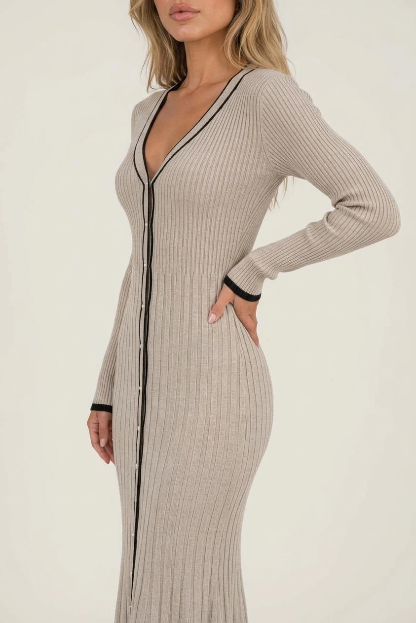 Women’s Ribbed Button Front Midi Dress – V-Neck Long Sleeve Knitted Style — variant_front