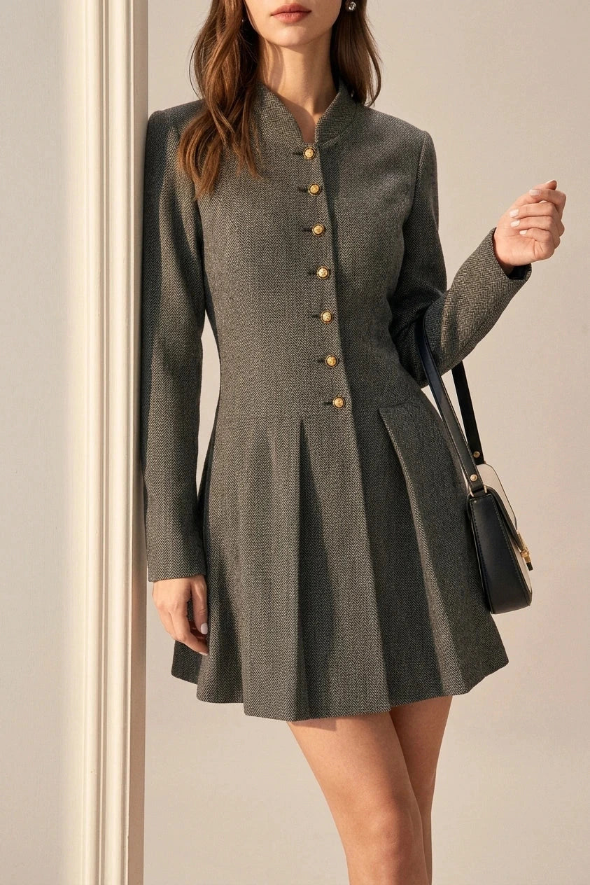 Grey Button Pleated Mini Dress Long Sleeve Fitted Waist Mandarin Collar