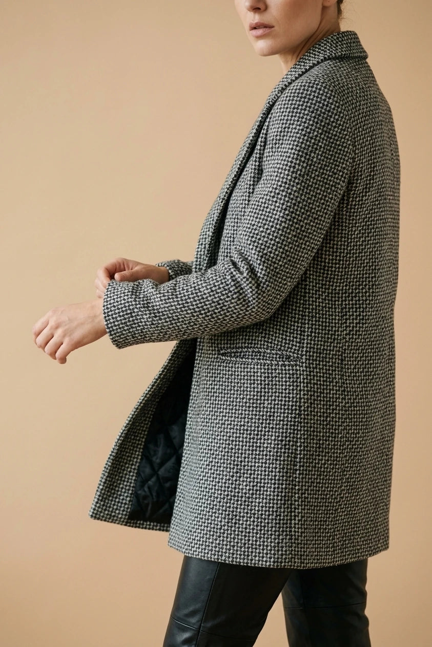 Grey Classic Houndstooth Wool Coat with Printed Lining — variant_front