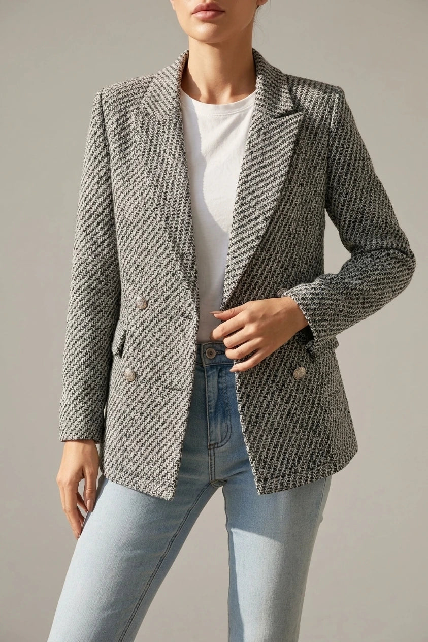 Classic Tailored Tweed Notched Lapel Double Breasted Work Blazer — variant_front