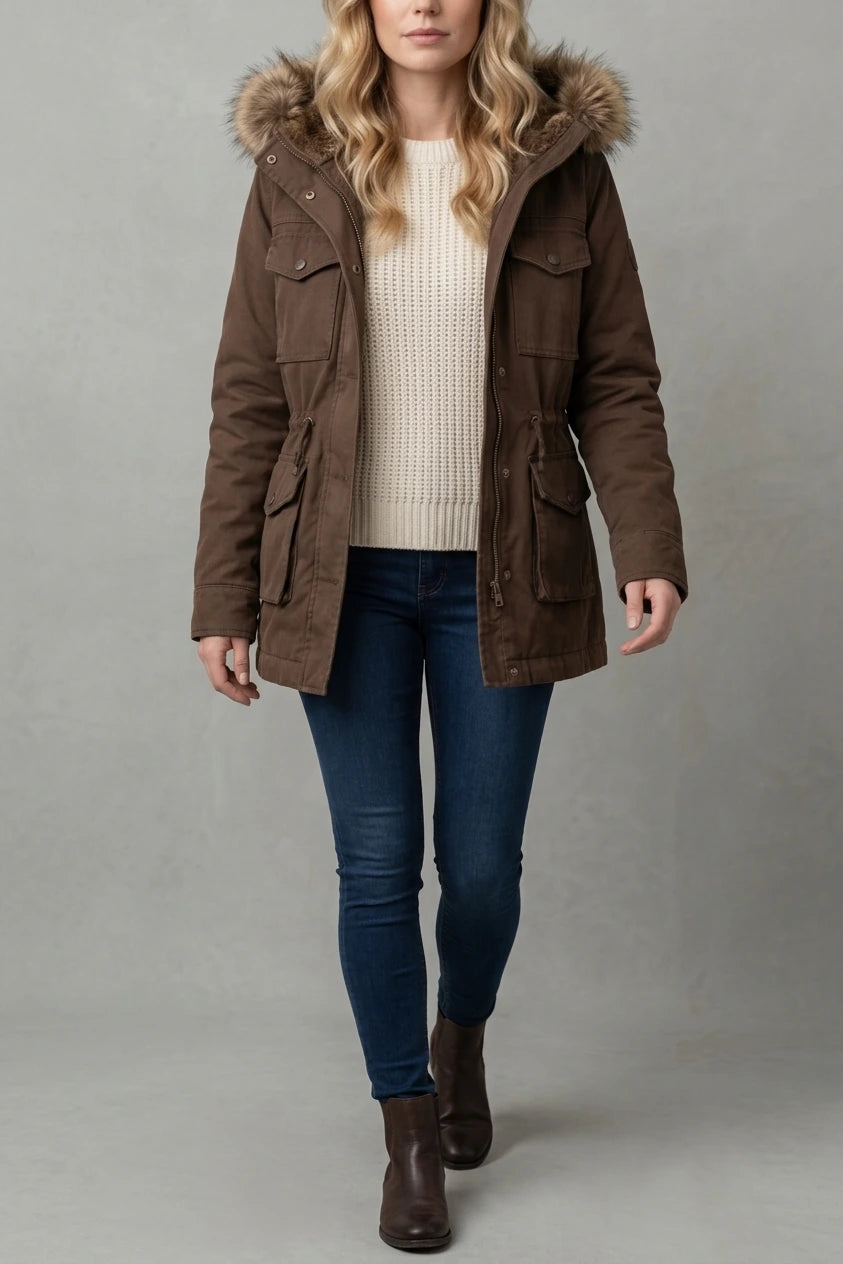 Brown Hooded Parka with Fur Trim Hood and Flap Pockets — variant_front