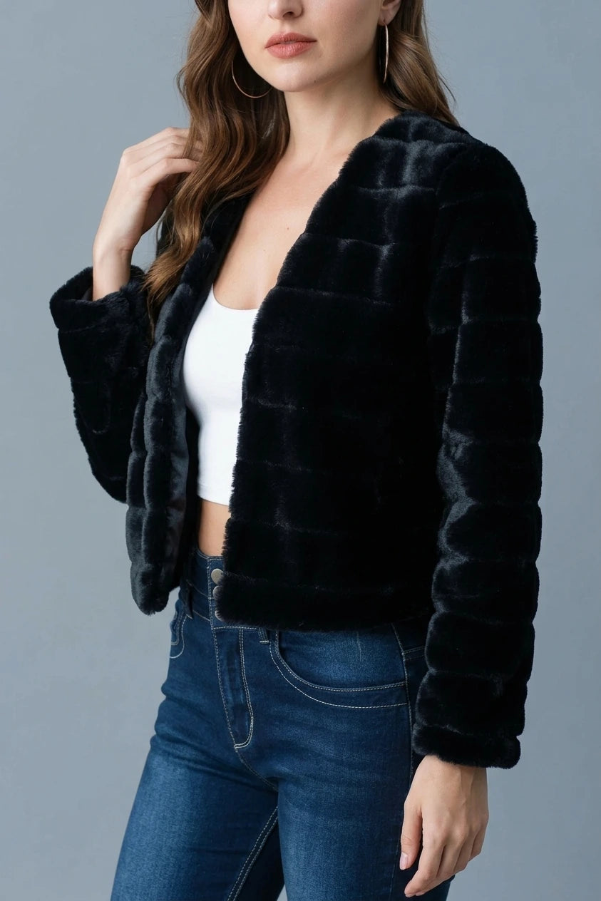 Winter Warm Cropped Collarless Faux Fur Fluffy Jacket — variant_front