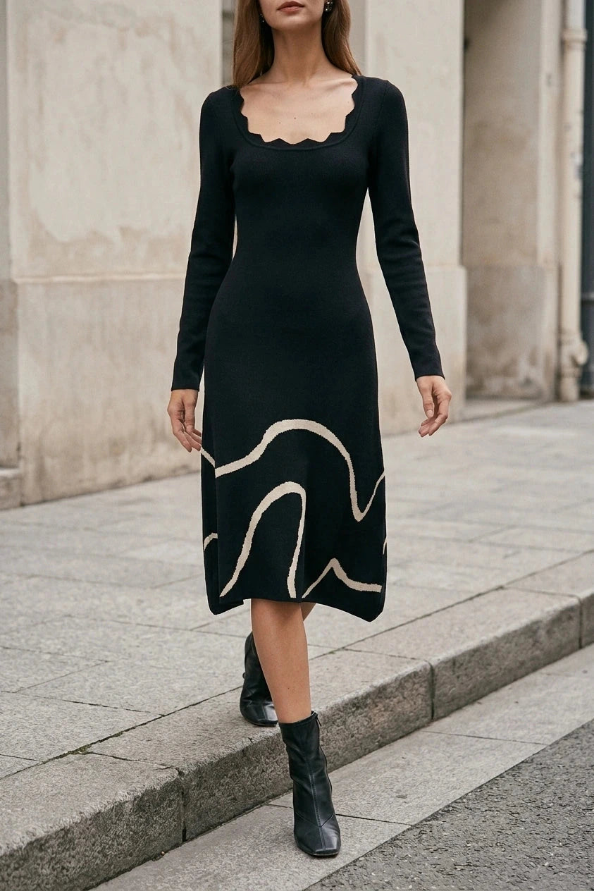 Wave Scalloped Sweater Midi Dress, Scalloped Neck Knit, Long Sleeve