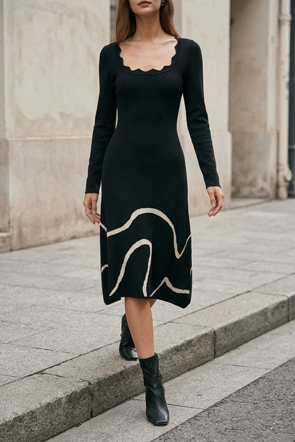 Wave Scalloped Sweater Midi Dress, Scalloped Neck Knit, Long Sleeve