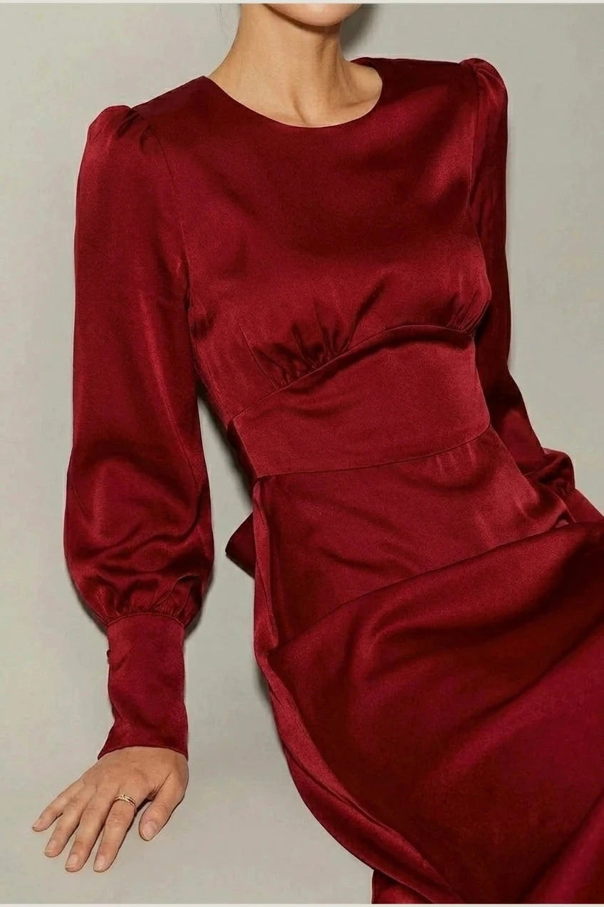 Satin A-Line Midi Dress With Puff Sleeves And Crew Neck