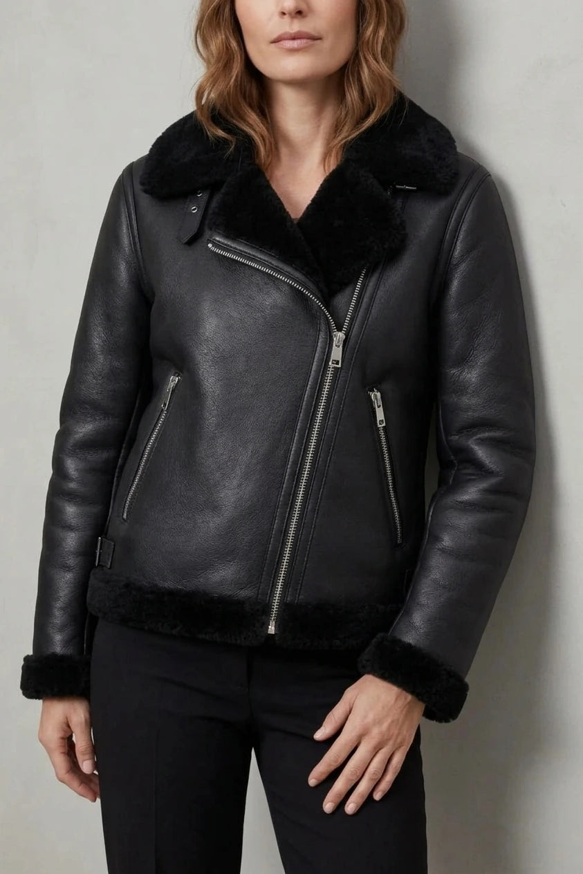 Noirellé – Asymmetric zip – Shearling biker jacket — variant_front