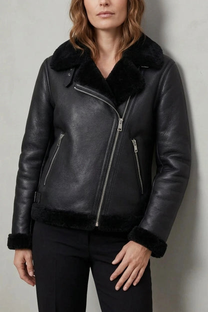 Noirellé – Asymmetric zip – Shearling biker jacket — variant_front