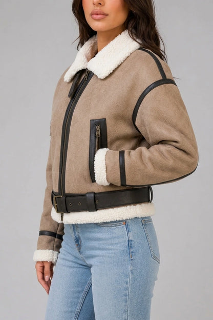 Women's Suede Look Cropped Aviator Jacket – Teddy Lined Biker Coat — variant_front