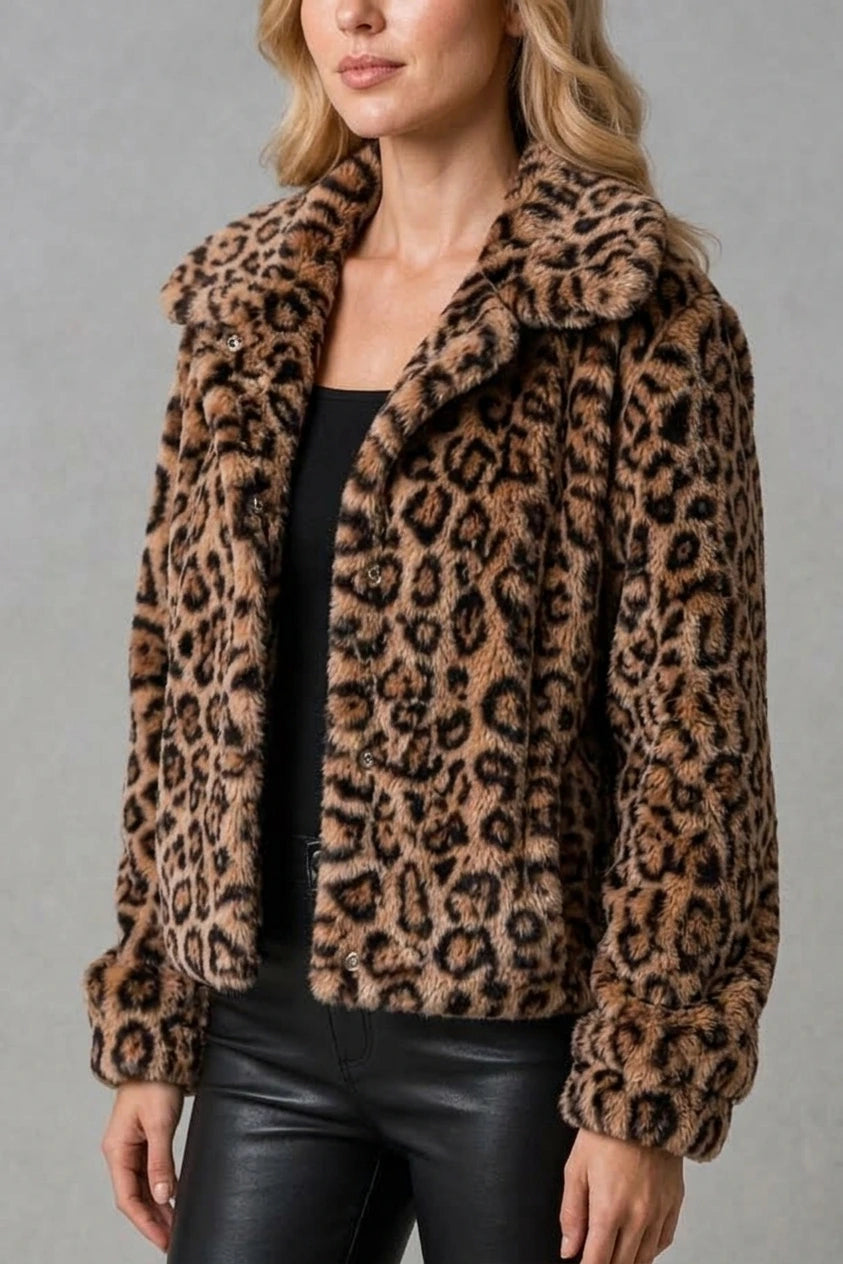 Women’s Leopard Print Fur Cropped Jacket – Soft Teddy Winter Coat — variant_front