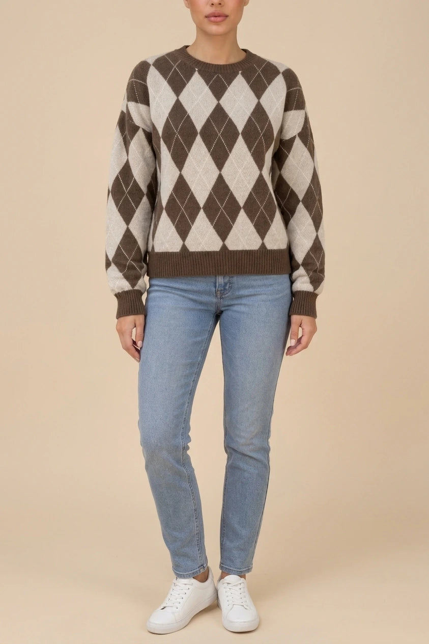 Women’s Argyle Knit Jumper – Crew Neck Long Sleeve Diamond Pattern Sweater — variant_front