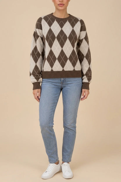 Women’s Argyle Knit Jumper – Crew Neck Long Sleeve Diamond Pattern Sweater — variant_front