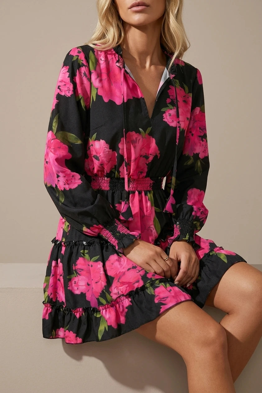 Ruffled Printed V-Neck Fitted Long Sleeve Tiered Dress — variant_front