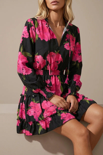 Ruffled Printed V-Neck Fitted Long Sleeve Tiered Dress — variant_front