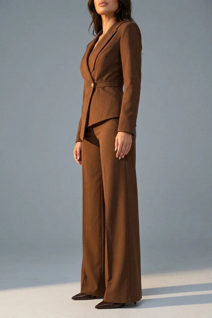Women’s Tailored Two-Piece Trouser Suit – Belted Blazer & Wide Leg Trousers Set — variant_front
