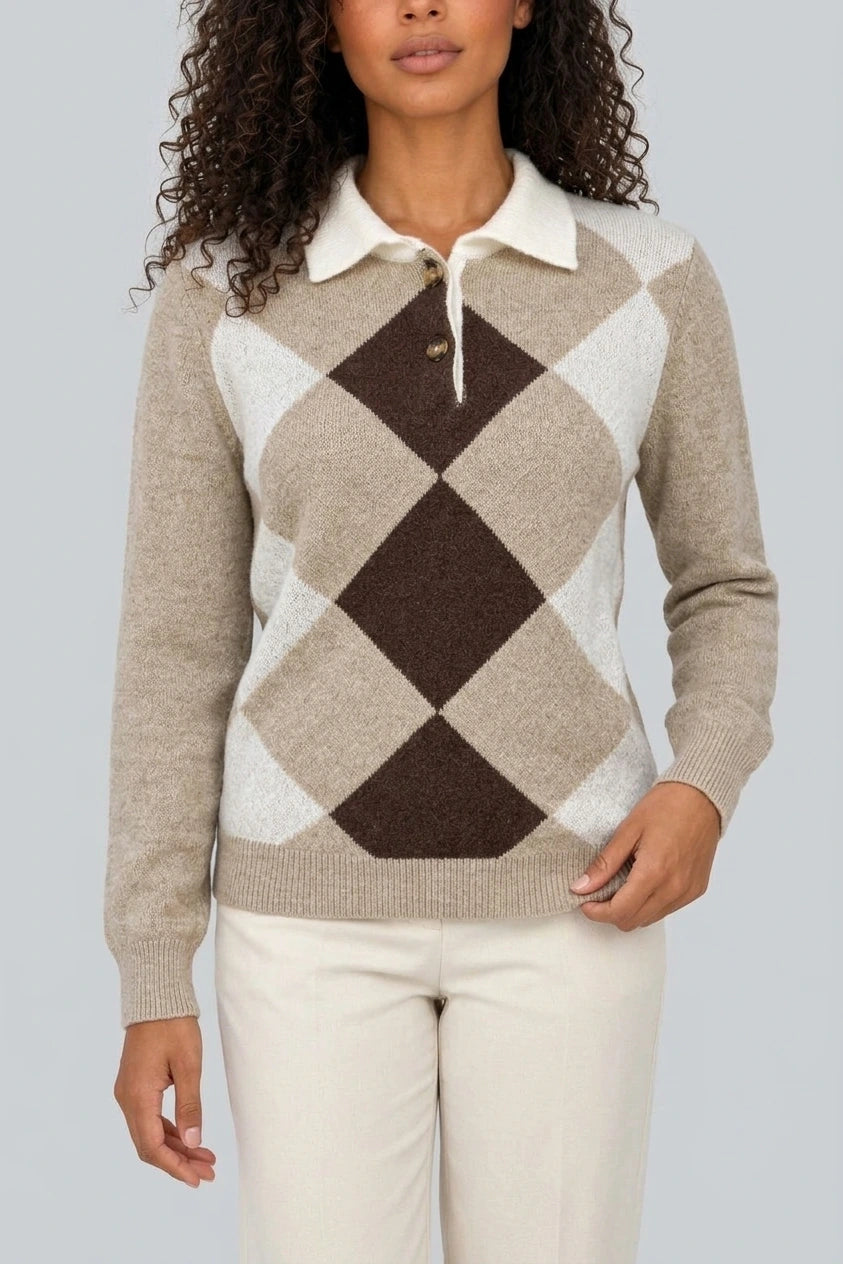 Women’s Argyle Collared Jumper – Button Neck Long Sleeve Knit Sweater — variant_front
