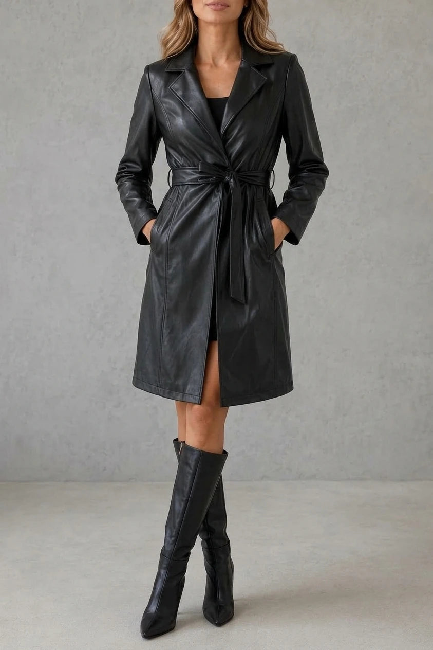 Women’s Faux Leather Long Trench Coat – Slim Fit Belted Jacket — variant_front