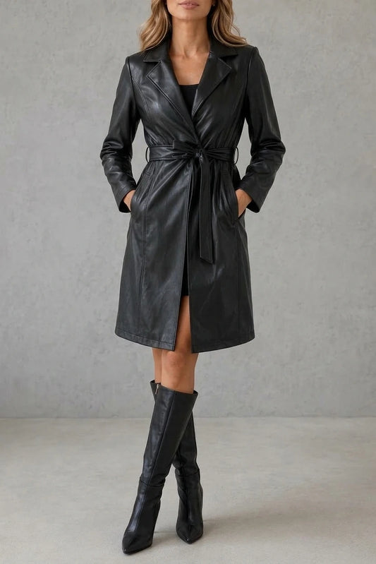 Women’s Faux Leather Long Trench Coat – Slim Fit Belted Jacket — variant_front