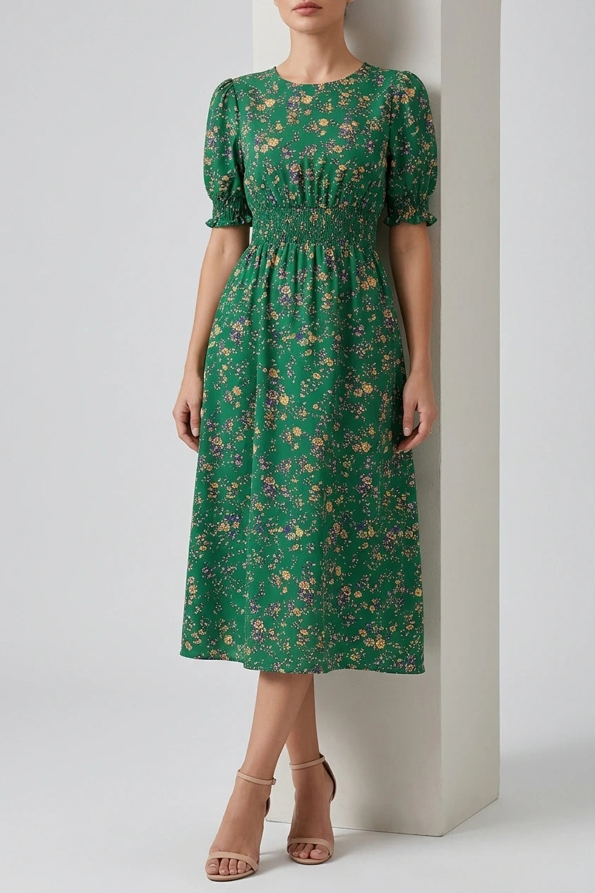 Floral Puff Sleeves Smocked Waist A-Line Midi Dress — variant_front