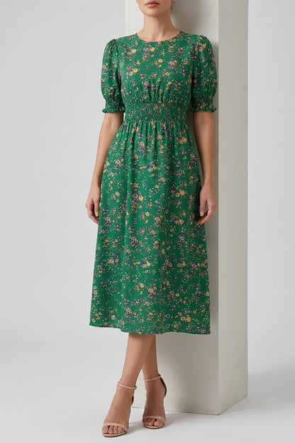Floral Puff Sleeves Smocked Waist A-Line Midi Dress — variant_front
